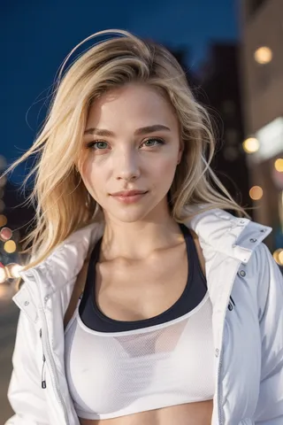 Close-up portrait of a blond woman wearing a white oversized puffer jacket and a bikini top, standing outdoors at night in a downtown setting with soft light and subtle motion blur.