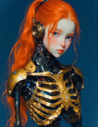 A digital painting of a teen cyborg girl with vibrant red hair in a ponytail, glowing blue eyes, and golden mechanical rib cage chest against a dark blue background.