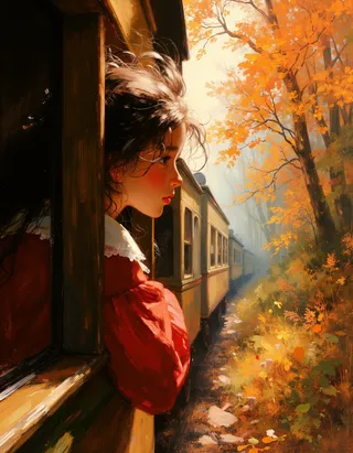 A young girl in a red dress leans out of a train window, her hair fluttering in the wind as the train speeds through an autumn forest with golden foliage and soft sunlight filtering through the trees.