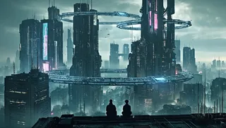 A photorealistic cyberpunk cityscape viewed from a high vantage point featuring dark skyscrapers encircled by glowing neon metallic ring transports and two silhouetted figures sitting on a rooftop gazing over the city.