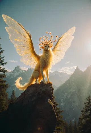A photorealistic ethereal creature with glowing golden wings and floral antlers perched on a rocky mountain peak, with moody cinematic lighting and majestic mountainous landscape in the background.
