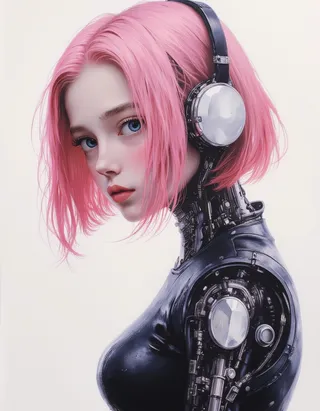 Hyper-realistic portrait of a young cyborg girl with pink bob hair and blue eyes wearing mechanical accessories and cyberpunk fashion, facing sideways.