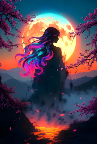 Silhouette of a woman with vibrant neon hair standing against a large glowing full moon, framed by cherry blossom branches and a mountain landscape at sunset.