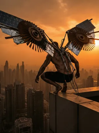 Shirtless man with large mechanical wings crouching on skyscraper ledge against an orange polluted sunset cityscape, backlit silhouette emphasizing industrial design.