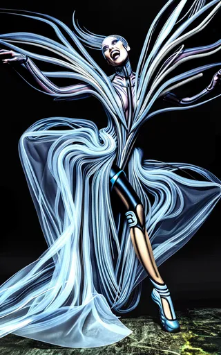 A biomechanical diva woman wearing a futuristic Iris van Herpen Nautiloid-inspired dress with flowing translucent 3D-printed layers and cybernetic elements, posing dynamically against a dark background.