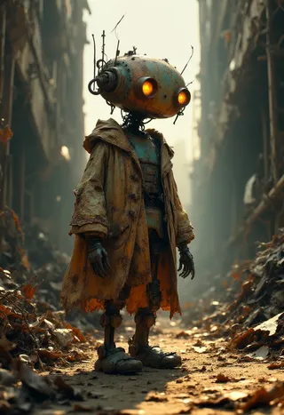 A small rusty robot with glowing eyes and intricate corrosion stands in a twilight junkyard wearing a patched-up cloak surrounded by debris and broken machinery.