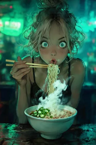 A young blonde woman with blue eyes and a messy bun slurping steaming ramen noodles with chopsticks, set against a neon green and teal blurred background.