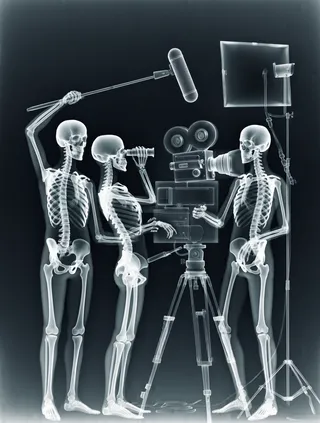 X-ray style illustration showing three glowing skeletal figures operating a vintage cinema camera on a tripod, one holding a boom microphone and another adjusting a lighting stand against a black background.