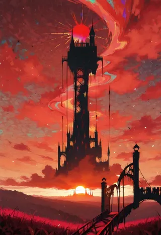 A towering ruined castle with torn banners at sunset, featuring a drawbridge over a moat, under a dramatic red and orange sky