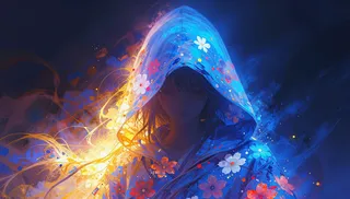 A mysterious hooded figure surrounded by an ethereal glow, wearing a hood transitioning from warm golden yellow to electric blue, adorned with vibrant red, orange, and white floral patterns, against a dark background.