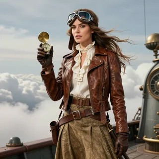 A daring female airship pilot wearing a brown leather flight jacket, white ruffled blouse, aviator goggles, and leather gloves, holding a brass compass on an airship deck with clouds in the background in steampunk style.