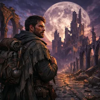 Kael Rowan standing in a ruined city at dusk, with an oversized moon behind shattered spires, wearing a worn cloak with a large backpack on a cracked stone road.