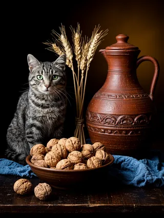 A grey tabby cat with bright green eyes sits beside a bowl of walnuts, dried wheat stalks, and a large earthenware pitcher, all arranged against a dark moody background.