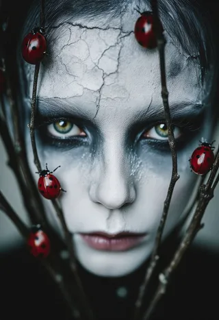 Close-up of a haunting face with cracked pale skin and piercing green eyes, framed by dark branches dotted with red ladybugs.
