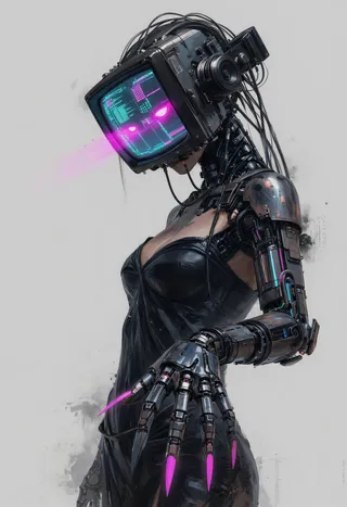 A cybernetic humanoid figure with a CRT screen as its head showing a pink phosphor grid pattern, featuring a biomechanical arm with glowing pink nails, wearing a black garment against a plain grey background.