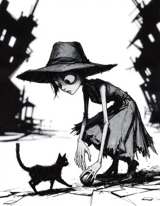 Monochrome ink-and-wash illustration featuring a thin, pale feminine character crouching and picking up a ball, wearing a tattered sundress and wide-brimmed hat, with a mangy cat nearby, set against a warped cityscape silhouette with high-contrast shadows.