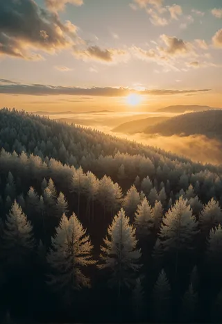 A photorealistic cinematic image of a sunset casting golden twilight over a white forest with rolling hillsides and ethereal light filtering through thin clouds.