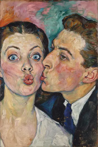 Oil painting in Egon Schiele style featuring a close-up of a 1930s European couple sharing a playful intimate moment, with expressive textured brushstrokes and a vibrant pink, teal, and orange abstract background.