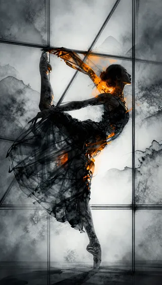 A female dancer poised in mid-pirouette with an angled torso and extended leg, surrounded by overlapping ink washes and dense volumetric fog. Background features geometric grid lines in charcoal gray and black, illuminated by warm amber highlights and low-key chiaroscuro lighting.