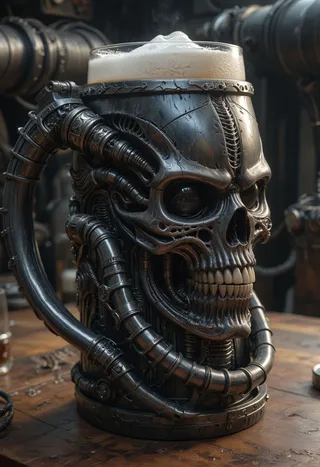 Detailed Giger inspired metallic beer tankard shaped like a biomechanical skull with intricate tubing and highly detailed textures, filled with frothy beer.