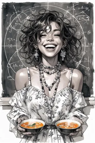 Black-and-white watercolor illustration of a biracial woman with a joyful smile and voluminous hair, wearing a patterned dress and layered beaded necklaces, holding two bowls of steaming soup in front of a chalkboard filled with celestial orbit diagrams and mathematical equations.