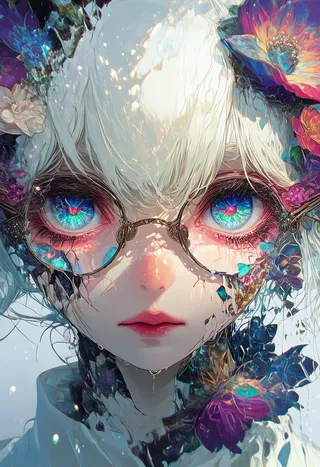 Close-up portrait of a white hair girl with shining gem-like eyes, wearing broken round glasses, surrounded by colorful flowers and disintegration effects.