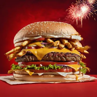 High-resolution image of a cheeseburger topped with fries, lettuce, tomato, cheese, and onions with a red background and fireworks in the distance.