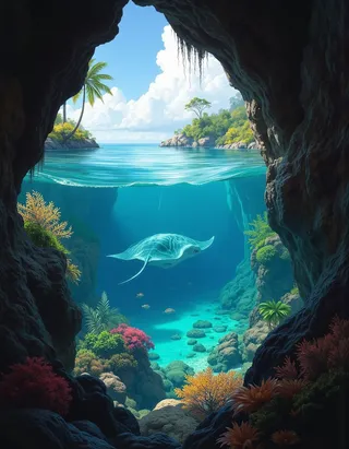 View through a dark sea cave opening to a bright tropical lagoon with crystal clear turquoise water, colorful coral, and a manta ray swimming underwater.