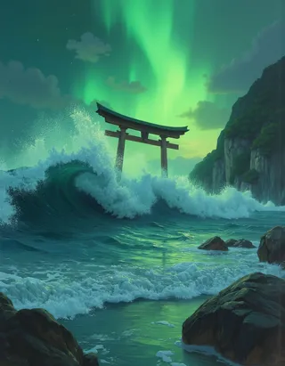 Digital painting of a massive tsunami wave crashing near a torii gate with green aurora borealis lighting up the night sky, rendered with baroque chiaroscuro style.