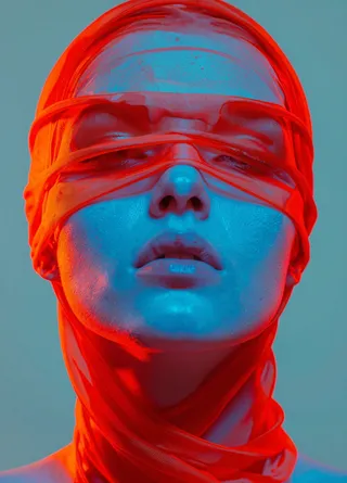 Close-up of androgynous face wrapped in translucent red-orange cloth blindfold with dramatic blue neon lighting and soft teal background