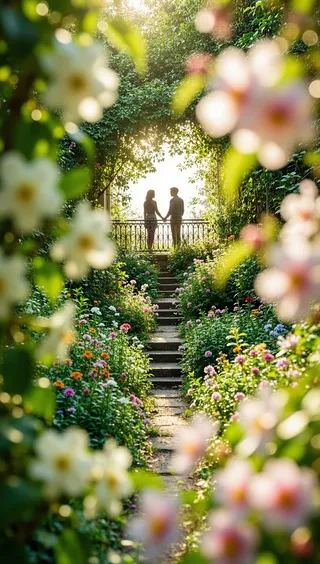 Silhouetted romantic couple holding hands on a wrought iron balcony overlooking a sunlit, flower-lined stone path in an overgrown garden.
