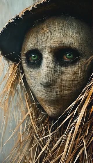 Close-up of a weathered scarecrow's face with vivid green eyes, rough burlap texture, strands of dry straw, and a dark worn hat with frayed edges.