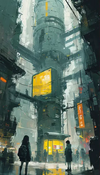 A rainy cyberpunk cityscape dominated by a large cylindrical industrial structure with neon yellow kiosks, featuring a young female figure in a black jacket and backpack observing the scene amidst muted grays and greens.