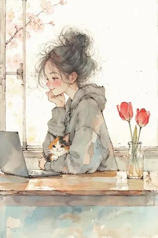 Watercolor illustration of a young woman with dark hair in a messy bun, wearing a grey hoodie, sitting at a wooden desk with a calico kitten nestled in her arm next to a laptop, red tulips in a glass vase, and cherry blossoms outside the window.