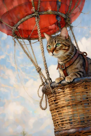Brown tabby cat wearing leather harness, curiously perched in a woven wicker hot air balloon basket under a crimson balloon against a blue sky.