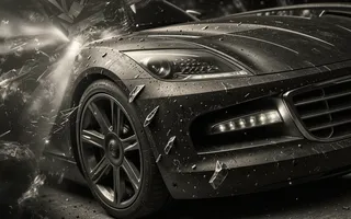Monochrome image of a sleek sports car front side with shattered glass shards, dynamic light rays, and abstract fractal geometry effects with a cosmic, futuristic atmosphere.
