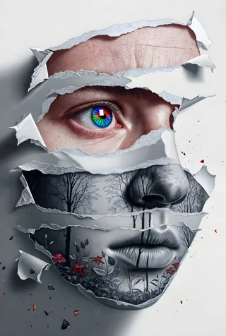 Hyperrealistic image of a torn paper face revealing a colorful kaleidoscope eye and photorealistic skin, with monochrome ashes, trees, and red flowers underneath.