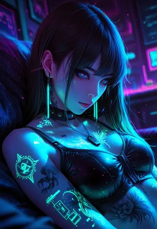 Portrait of a woman with glowing neon tattoos, holographic jewelry, and a futuristic vibe in a vaporwave digital art style with a blurry background.