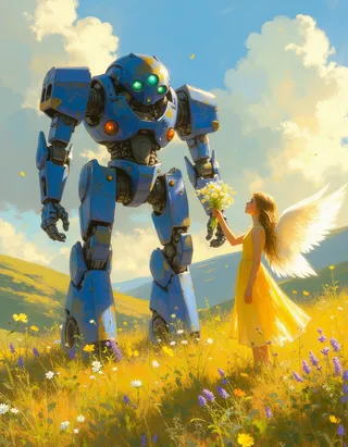 A digital painting shows a teen angel in a yellow sundress with white wings offering a bouquet of wildflowers to a towering blue mech in a sunlit meadow under a cloudy sky.