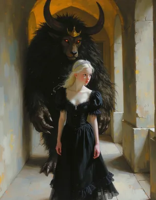 A young princess with platinum blond hair and a black corseted dress walks down a castle hallway, followed by a large monstrous beast with glowing red eyes and a gold crown.