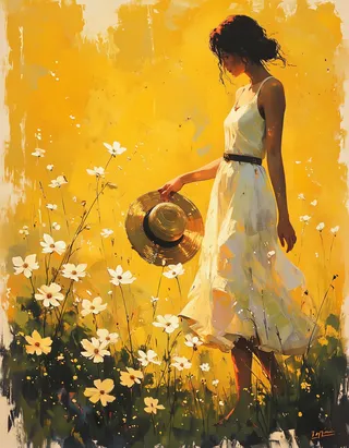 A woman wearing a flowing sleeveless white dress holds a straw hat while standing in a meadow with white flowers against a striking mustard yellow background.