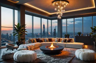 Luxury futuristic penthouse living room with unique sofa, modern round fireplace, moody lighting, fluffy rugs, and floor-to-ceiling windows overlooking city skyline at dusk.