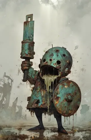 A large grotesque creature with corroded teal-green metal armor and rusty patches, holding a shield and a blade, standing on muddy reflective ground under a hazy sky.