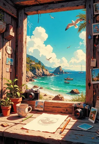 Cozy seaside studio interior seen through a rustic wooden window, featuring vintage ceramic coffee cup, seagull sketch on paper, and classic black film cameras, overlooking a turquoise water beach with flying seagulls and boats.