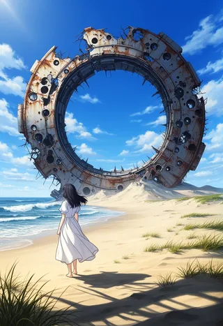 A young woman in a white dress stands barefoot on a sandy beach with patches of grass, facing a colossal, rusted circular satellite structure under a vivid blue sky with wispy clouds.
