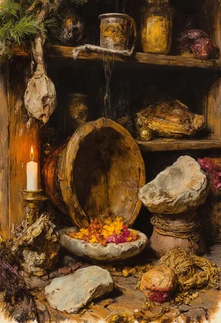 A dark fantasy still life scene showing an alpine apothecary shelf filled with occult herbalist tools like acorn cup vessels, pressed flowers, bones, glowing liquids, and flickering candlelight casting shadows.