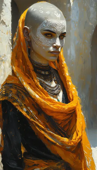 A tribal portrait of a bald female with white ceremonial face paint, amber eyes, wearing a vibrant saffron shawl and layered beaded necklaces in an abstract realism style.