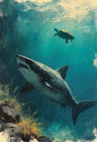 Underwater scene featuring a shark near the rocky seabed with a turtle swimming in the distance, rendered with bold ink lines and vibrant colors on textured paper.