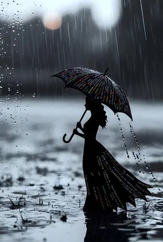 Silhouette of a woman holding a colorful umbrella in a downpour with reflections on wet ground
