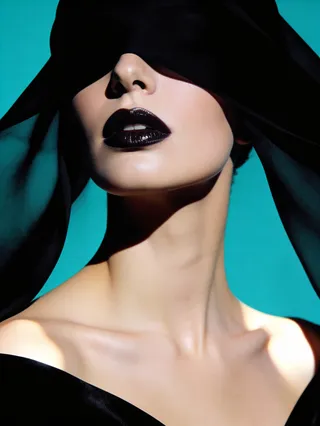 Portrait of a woman with glossy black lips, her eyes covered by flowing black fabric, illuminated by dramatic lighting against a turquoise background.